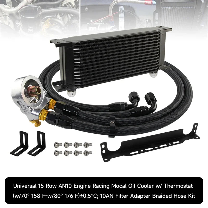 15 Row Universal 10AN Engine Oil Cooler Kit with Thermostatic Oil Filter Sandwich Plate Adapter M20x1.5 3/4-16UNF