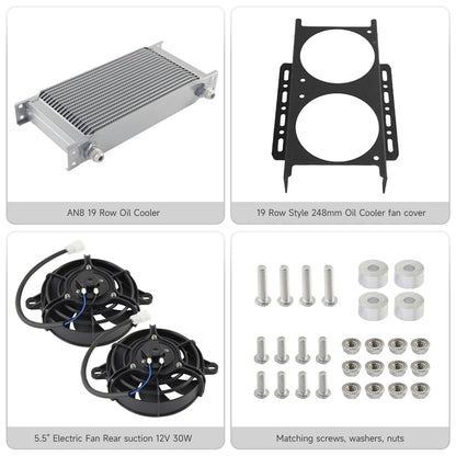 Dual 5.5" Fan Rear w/Mounting Bracket + 19 Row Oil Cooler AN8 / AN10 248mm Kit Universal 12V 30W Cooling Aluminum Black/Silver