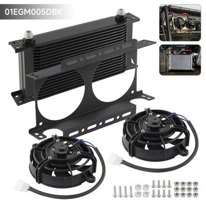 Dual 5.5" Fan Rear w/Mounting Bracket + 19 Row Oil Cooler AN8 / AN10 248mm Kit Universal 12V 30W Cooling Aluminum Black/Silver