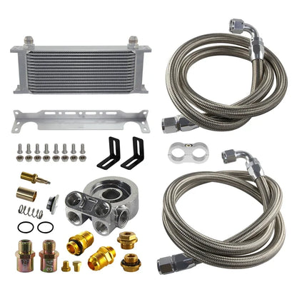 15 Row Universal 10AN Engine Oil Cooler Kit with Thermostatic Oil Filter Sandwich Plate Adapter M20x1.5 3/4-16UNF