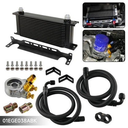 15 Row Universal 10AN Engine Oil Cooler Kit with Thermostatic Oil Filter Sandwich Plate Adapter M20x1.5 3/4-16UNF