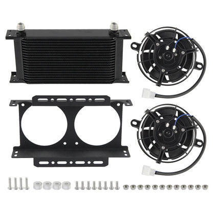 Dual 5.5" Fan Rear w/Mounting Bracket + 19 Row Oil Cooler AN8 / AN10 248mm Kit Universal 12V 30W Cooling Aluminum Black/Silver